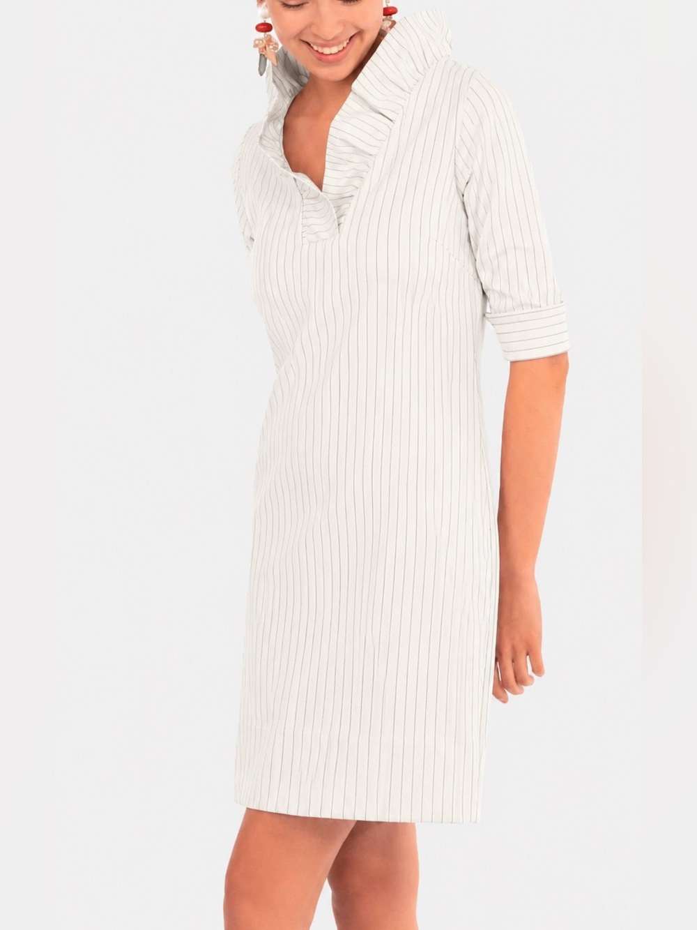 GRETCHEN SCOTT Ruffneck Dress White Pinstripe Sz XS 3/4 Sleeve Preppy Like New
